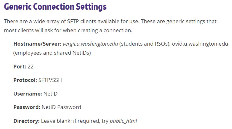 Screen shot of the generic connection page