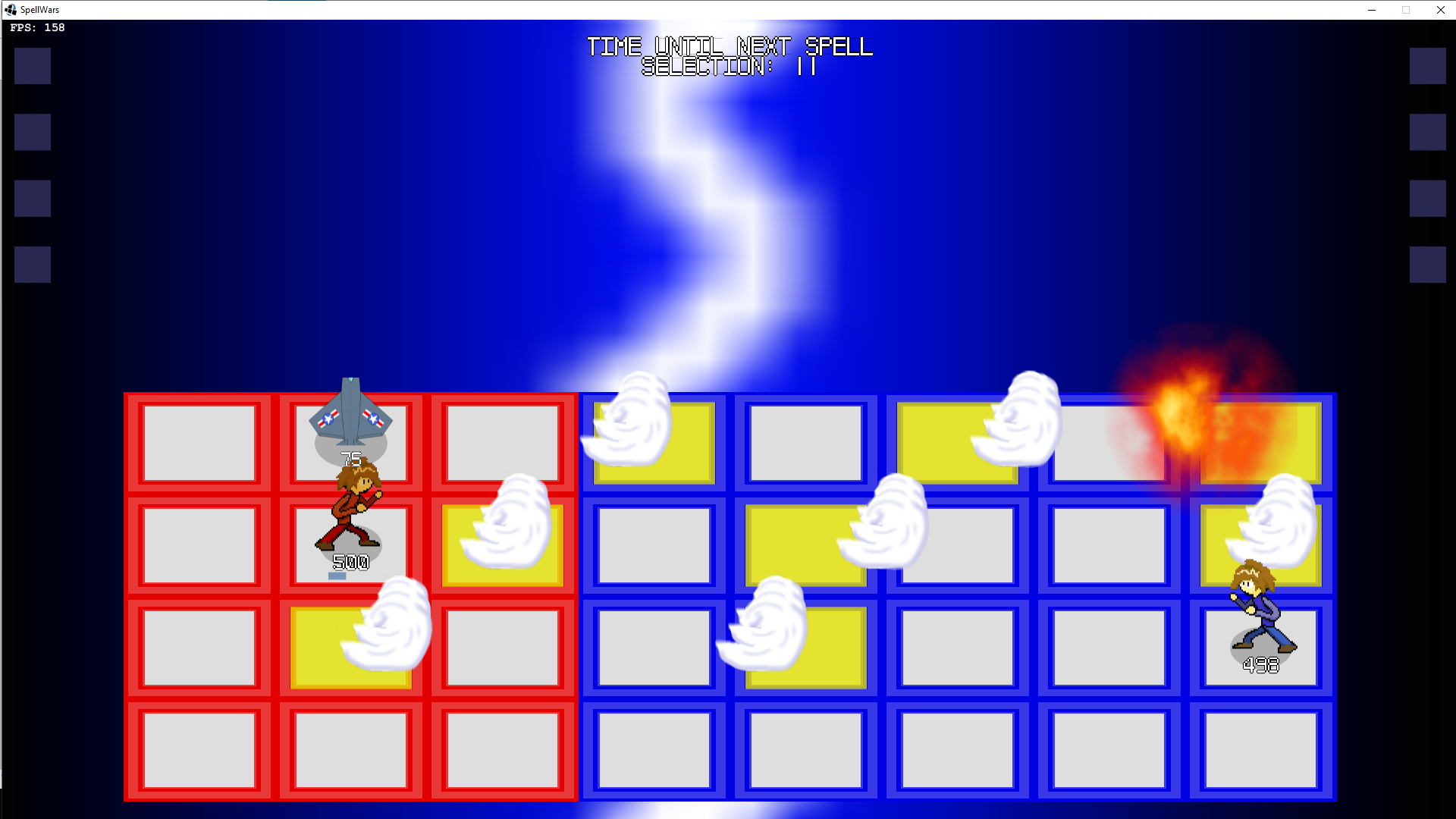 Players casting spells. The blue player also stole a column of
        panels from the red player.