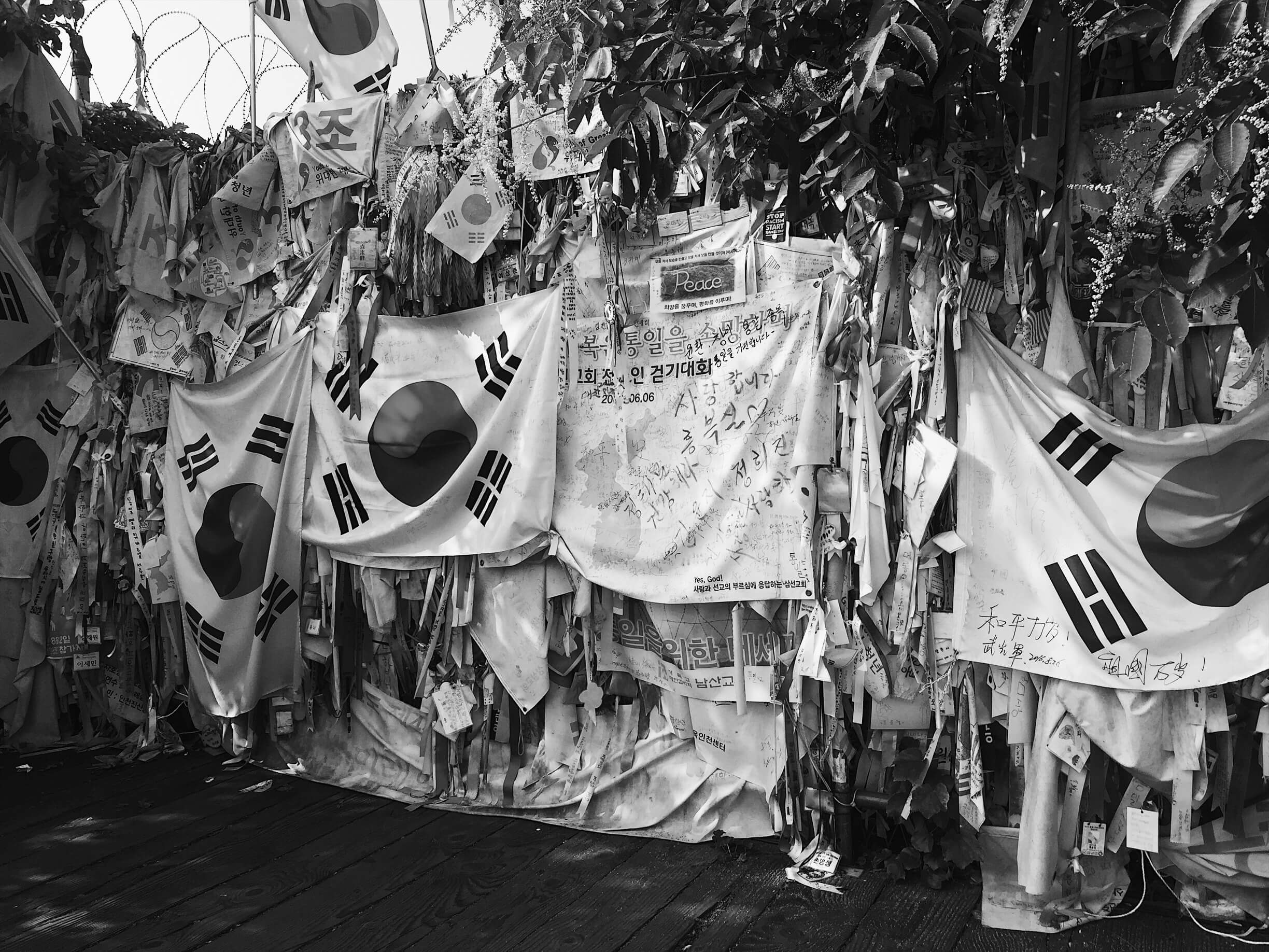 Korean flags and other ribbons,
              tags, and posters tacked onto a wall.