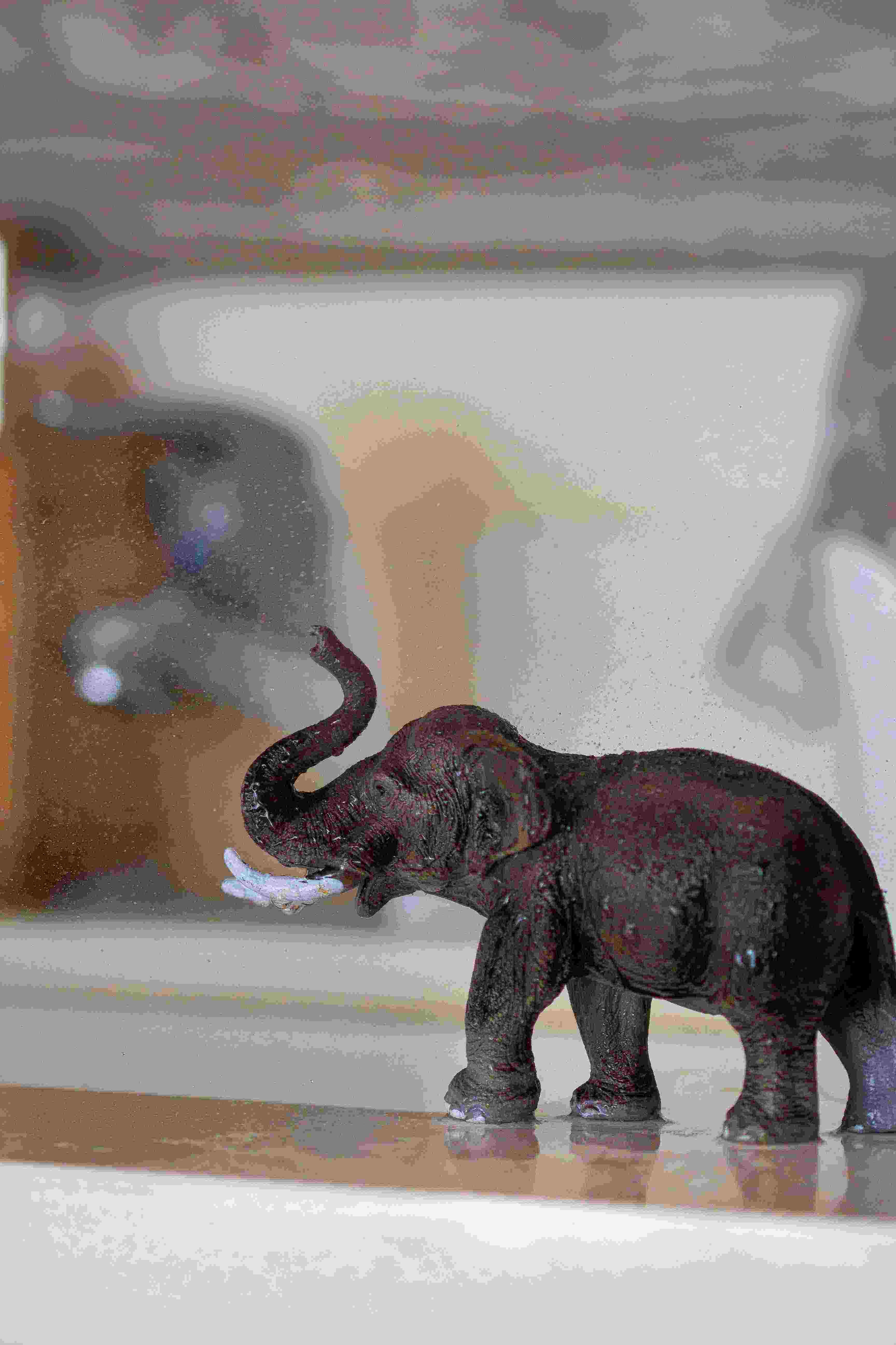 Toy elephant near sink spraying water
