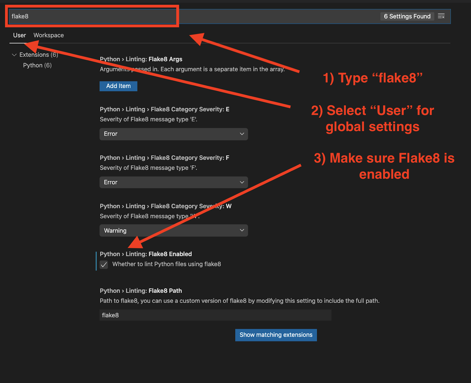 Sample of what setting up flake8 should look like.