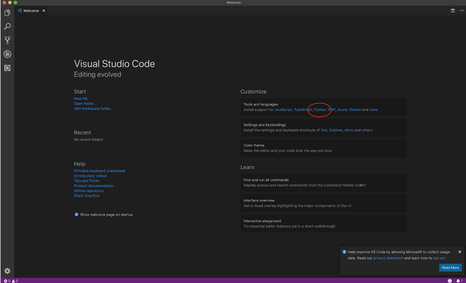 Sample picture of where to click to setup python in vs code. Left of center of the screen.
