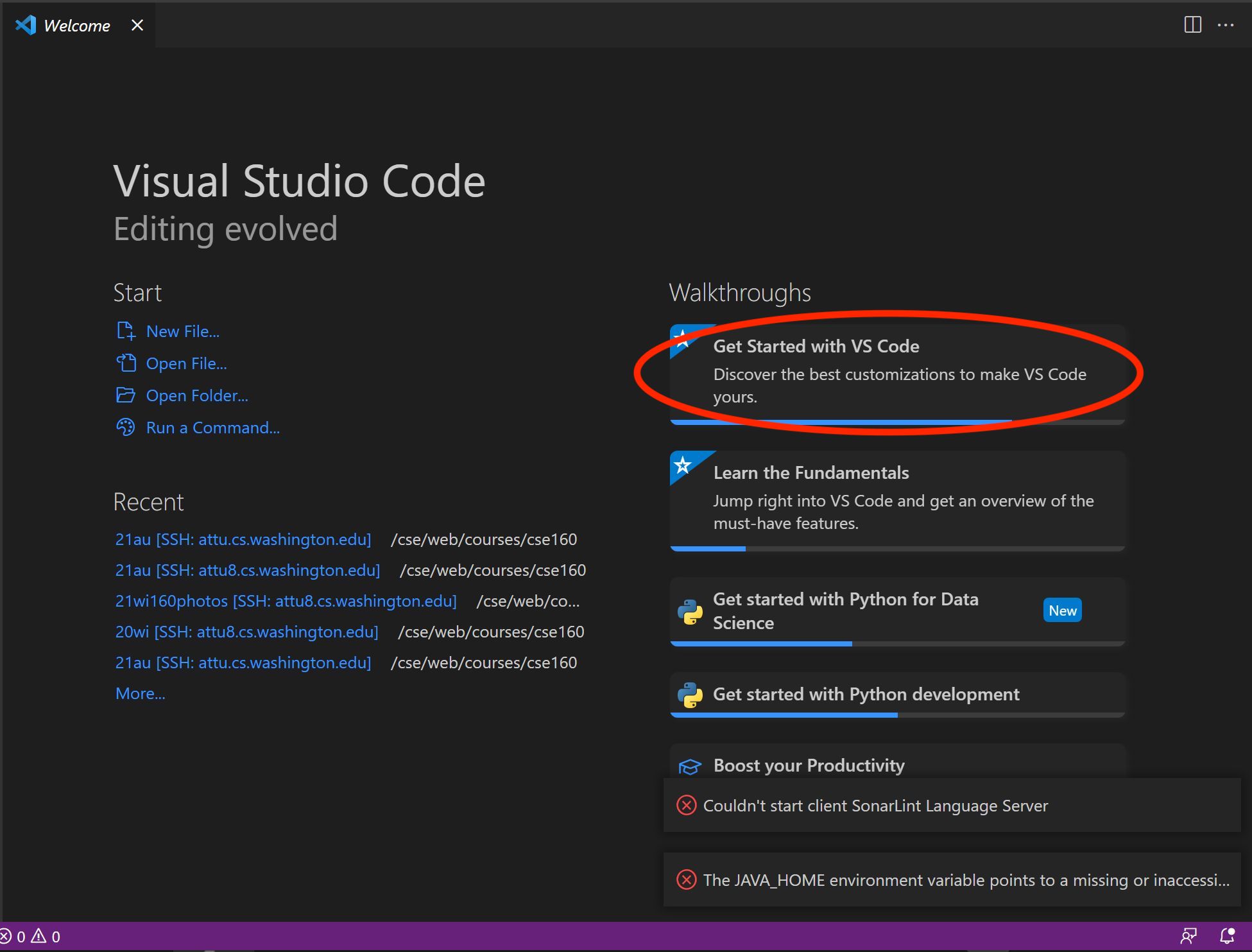 Sample picture of where to click to setup python in vs code, step 1.