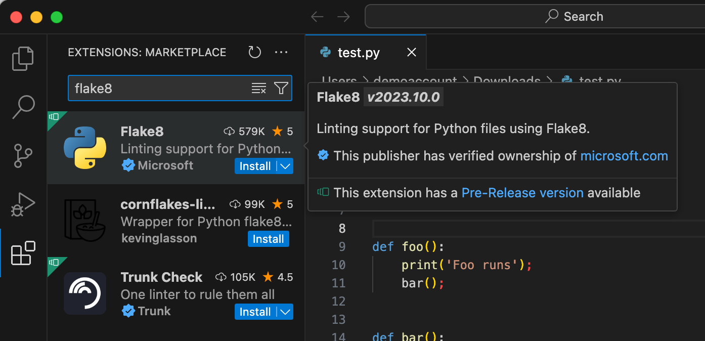 Visual Studio Code flake8 plugin