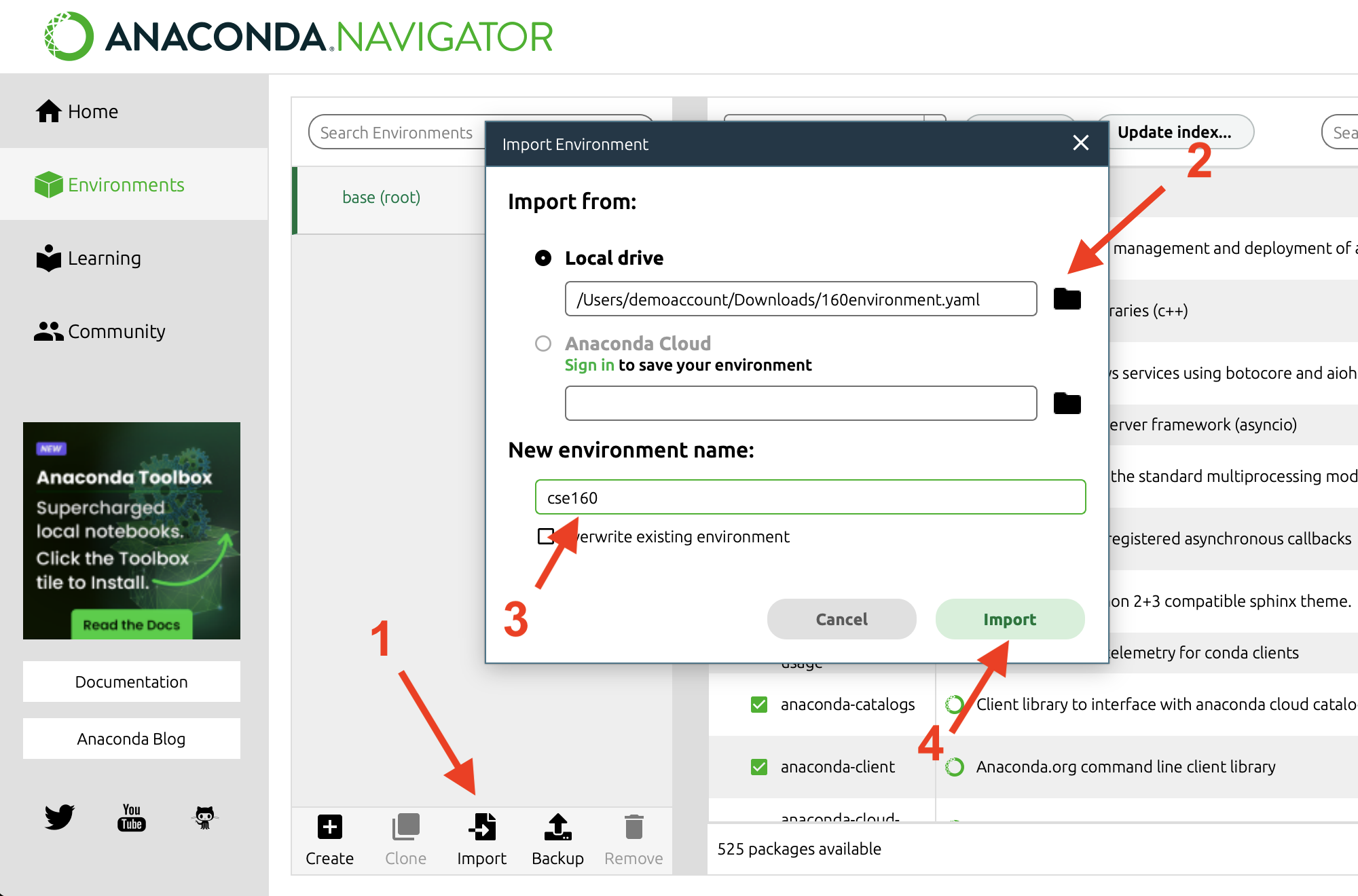 Screenshot of the Anaconda Navigator "Import Environment" popup, with red arrows pointing to the "Import" button at the bottom of Anaconda Navigator, the folder icon next to "Local drive" in the popup, the "New environment name" field being set to "cse160" and the "Import" button to complete the environment setup process.