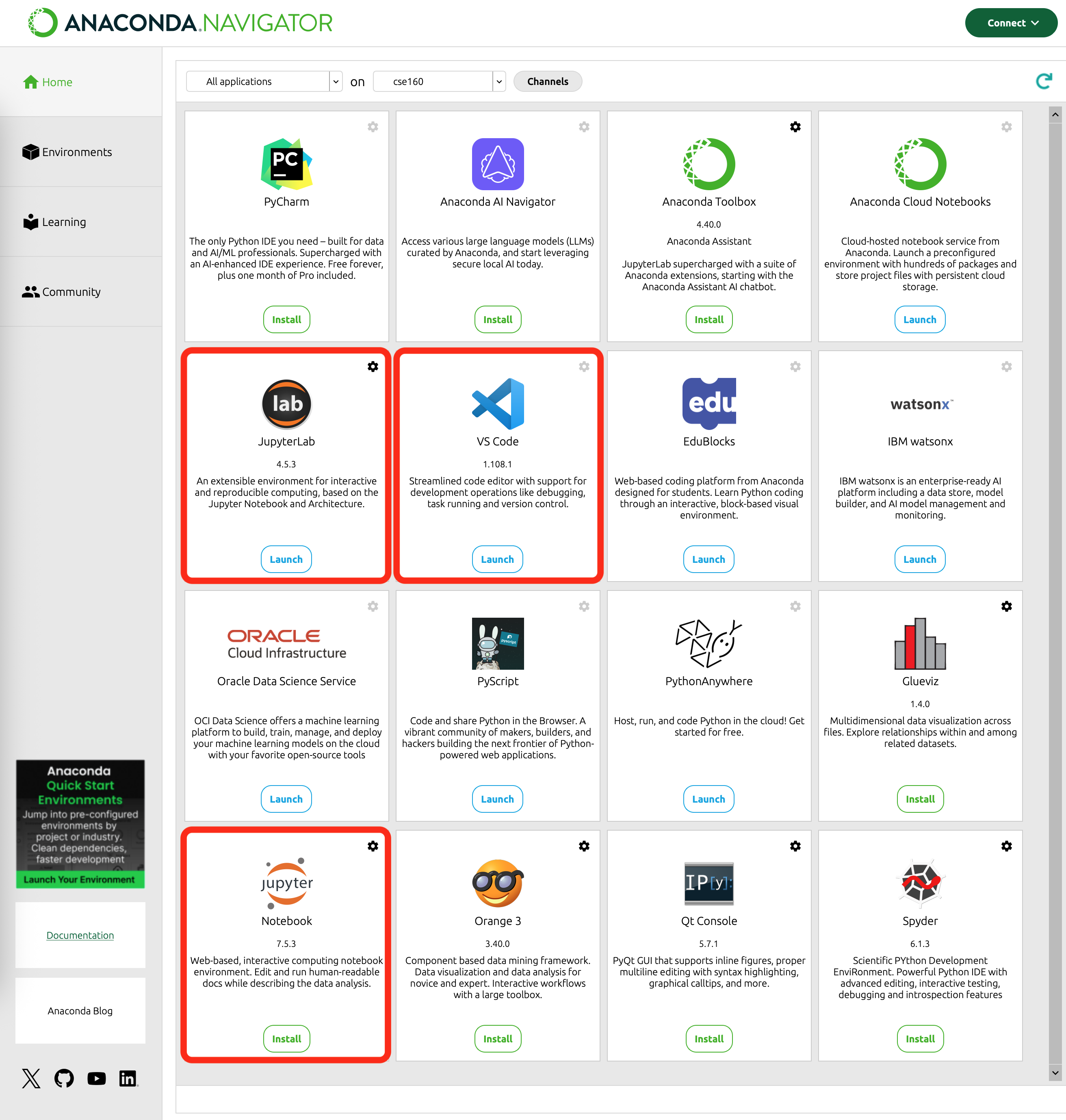 Anaconda Navigator "Home" tab with red boxes around the JupyterLab, VSCode, and Jupyter Notebook options