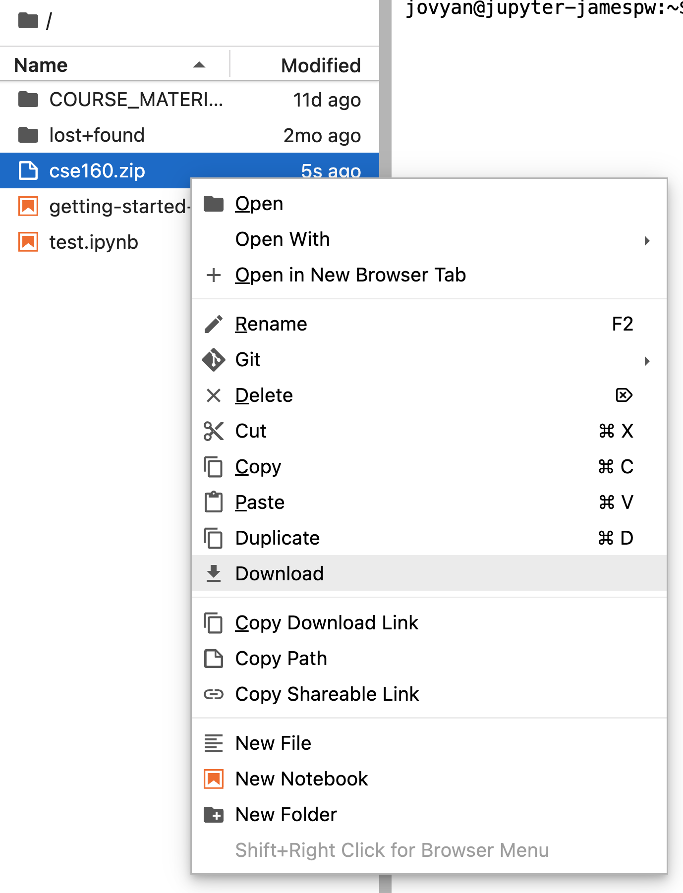 Screenshot of the right-click menu showing the "Download" option for the cse160.zip file on JupyterHub