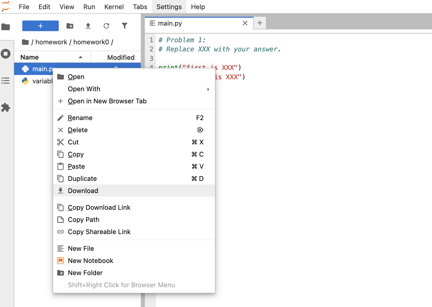 Right click on each Python file and click download