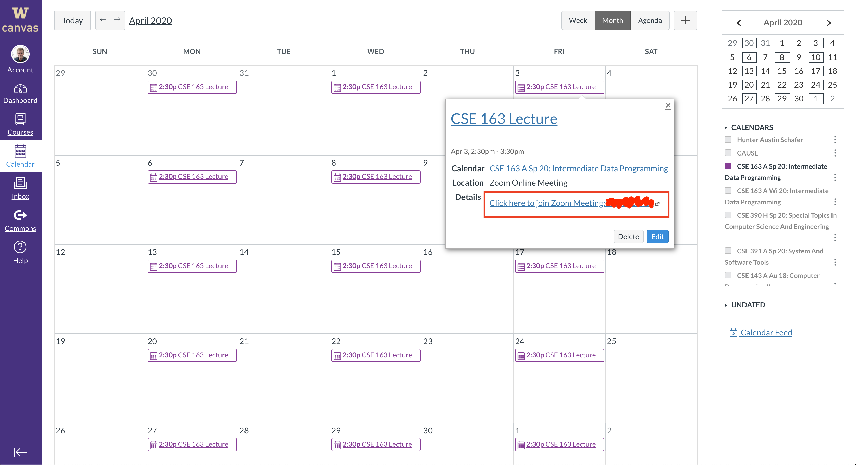 Clicking on the 'Join' link for a Zoom event in Canvas calendar