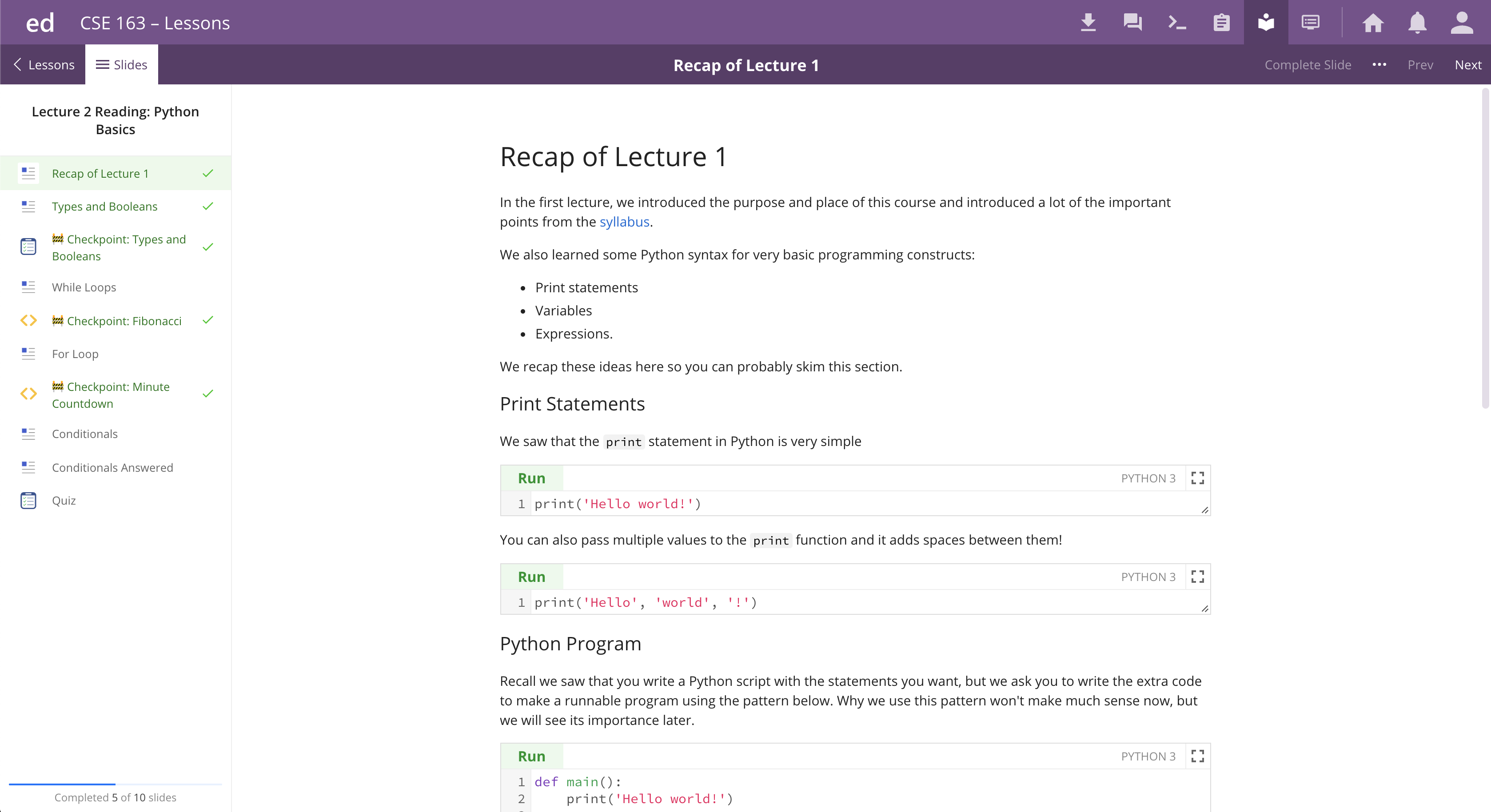 The main lesson page of Ed