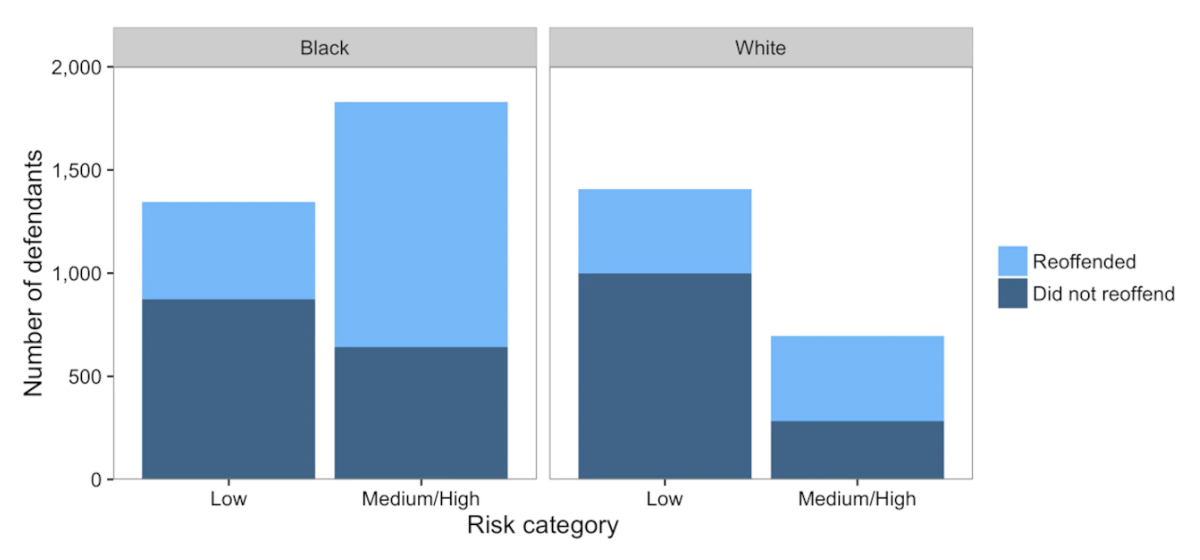 Bar chart separating Black and White defendants and displaying relative risk categories