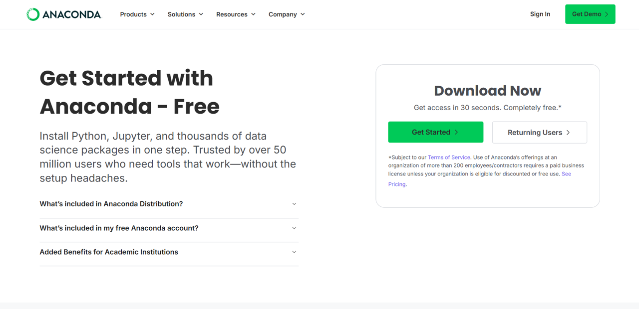 Anaconda landing page showing the "Download Now" box and "Get Started" button