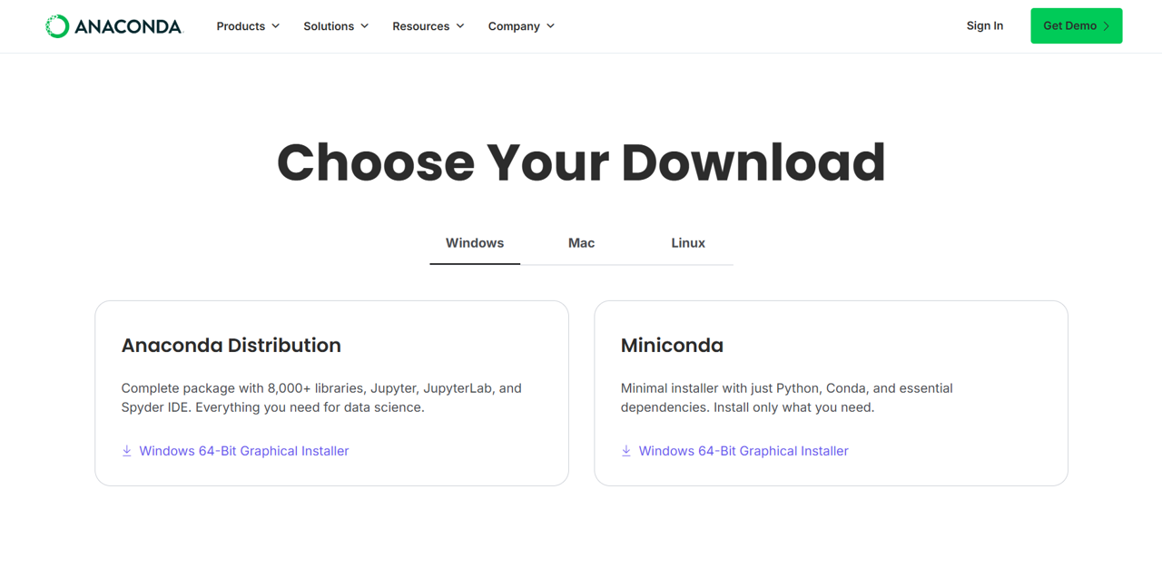 Anaconda "Choose Your Download" page showing options for Windows, Mac, and Linux