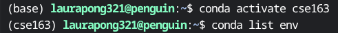 (base) username: conda activate cse163, (cse163) username