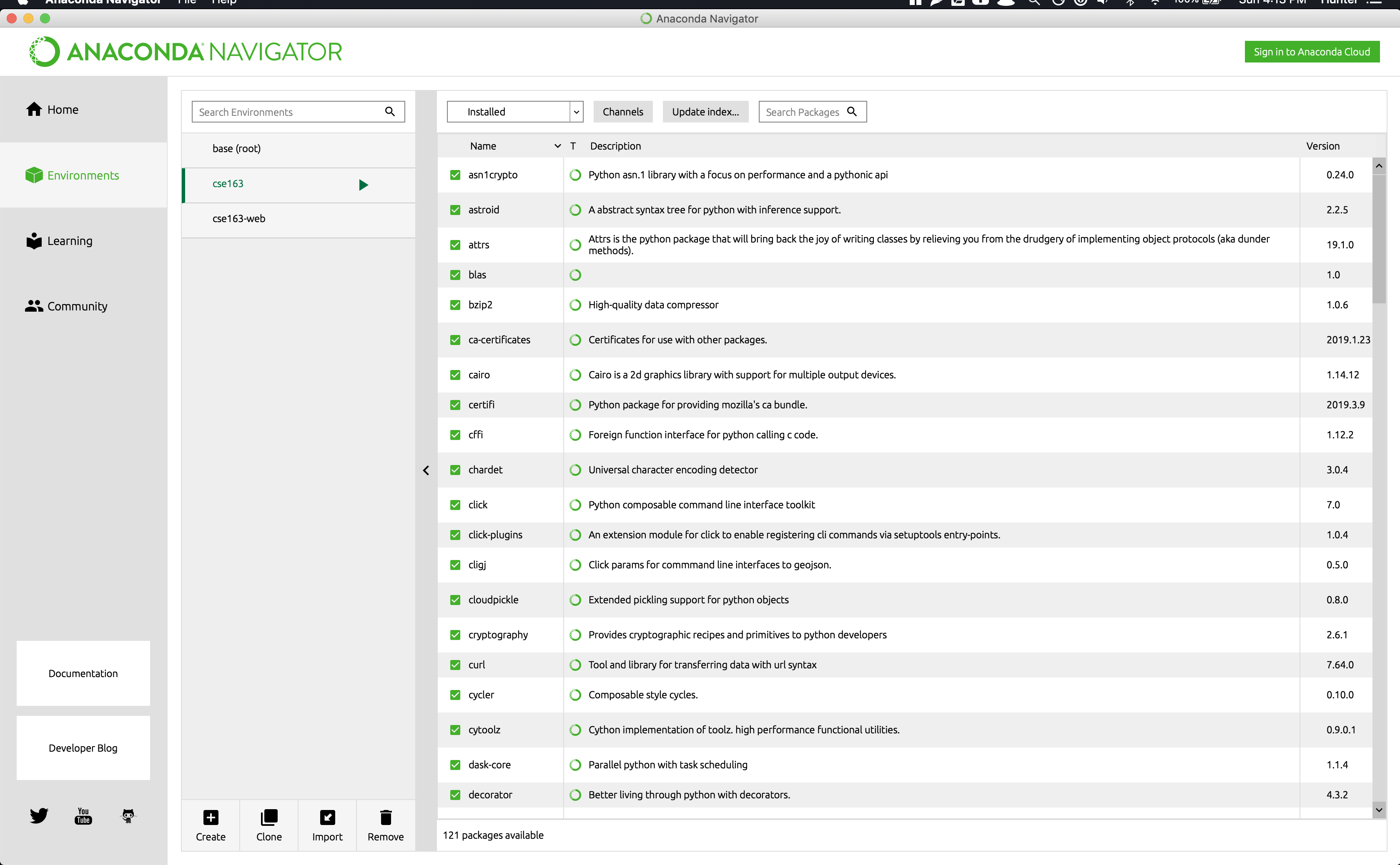 cse163 environment in Anaconda Navigator, with a long list of libraries