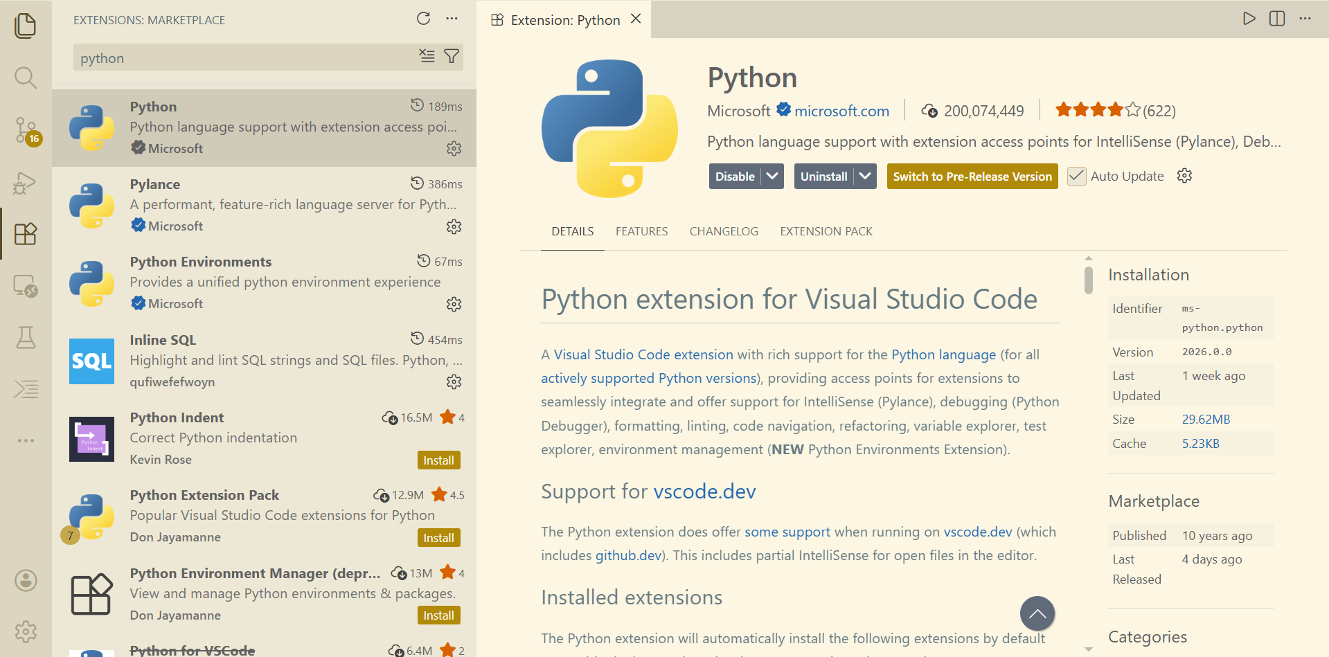 Microsoft Python extension in VS Code Extensions