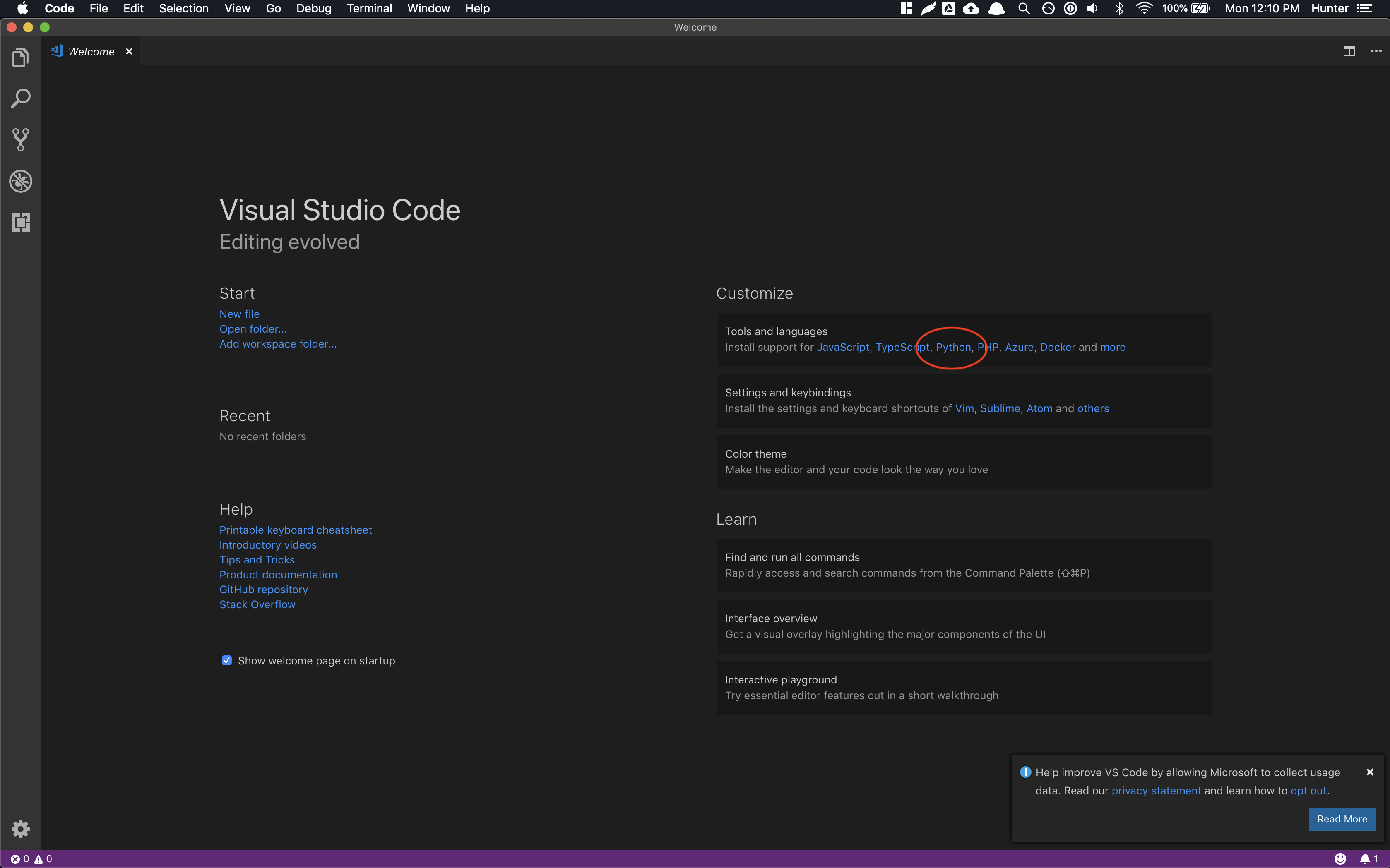 VS Code startup page. The "Python" link under Customize: Tools and Languages is circled