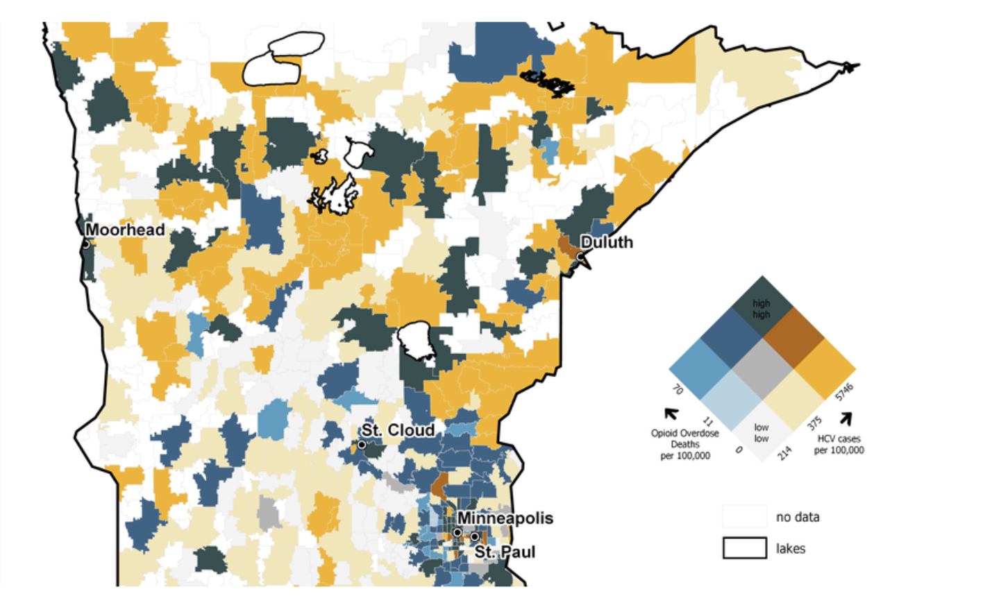 Map of Minnesota, colored according to opioid overdose rates