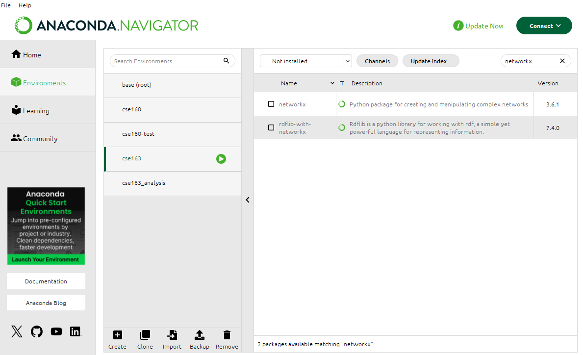 cse163 environment, searching in "Not Installed" for networkx