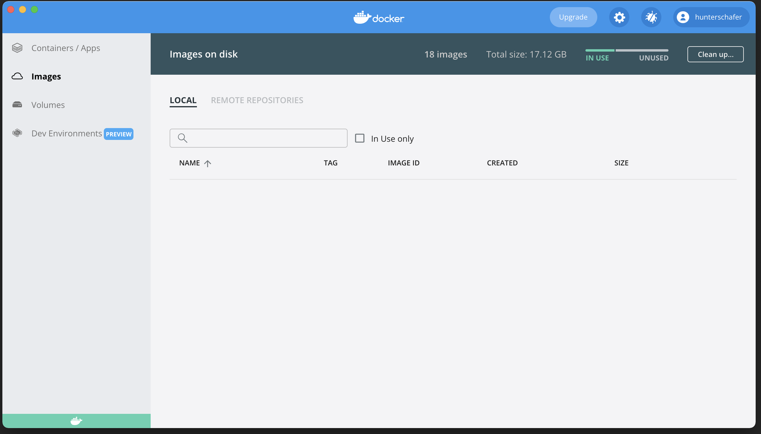 Launch screen of Docker app