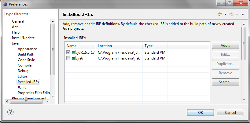 Screenshot: Selecting jdk1.6.0_17