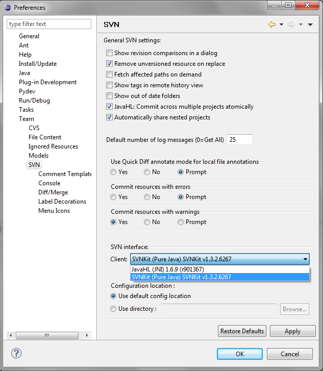 Eclipse: Selecting SVNKit interface