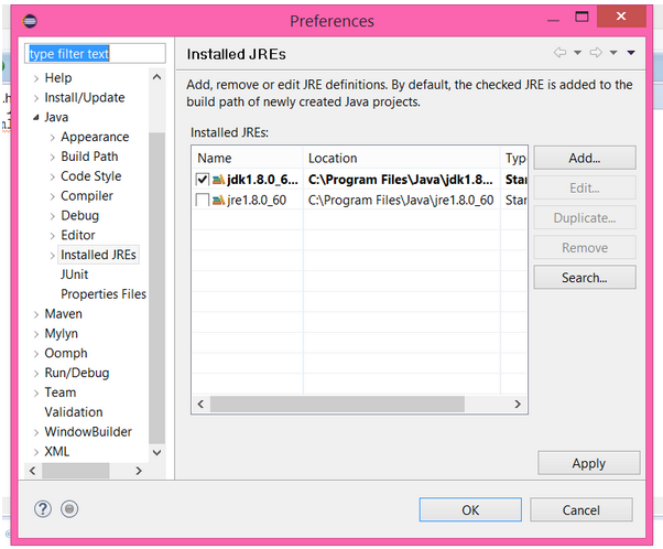 Screenshot: Selecting jdk1.8