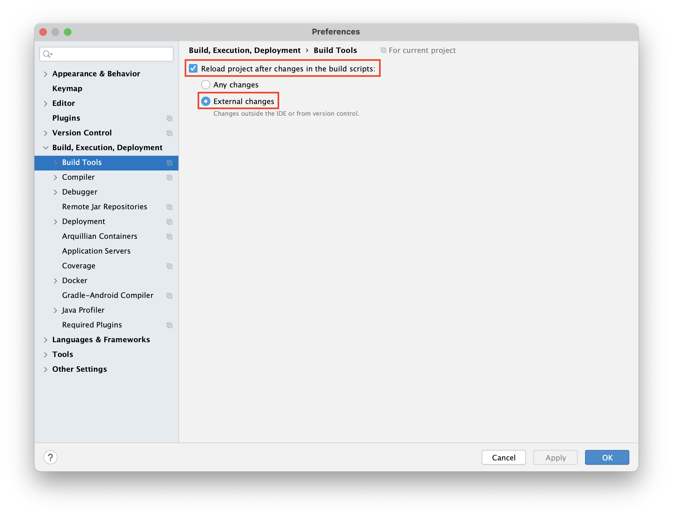 The IntelliJ build tools reload window.