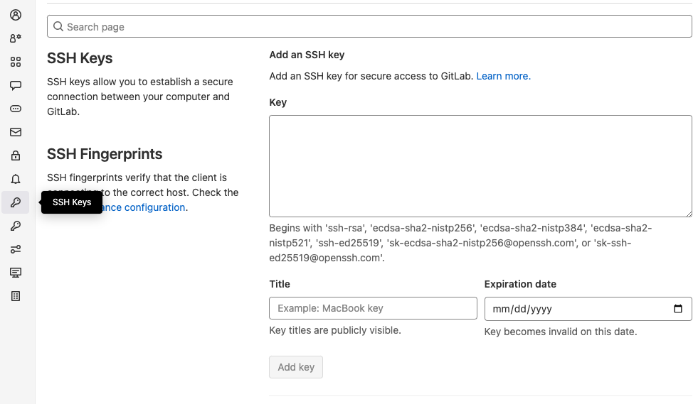 Git lab ssh key set up settings.