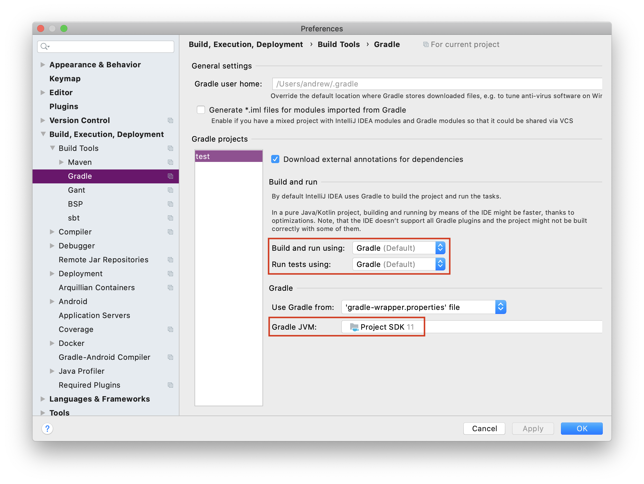 The IntelliJ gradle config window.