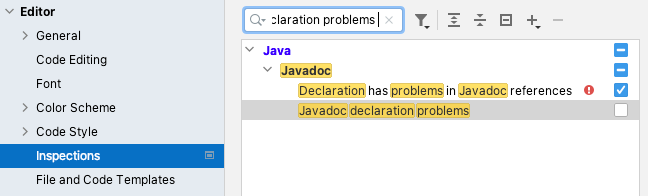 IntelliJ preferences with unrecognized javadoc detection unselected.