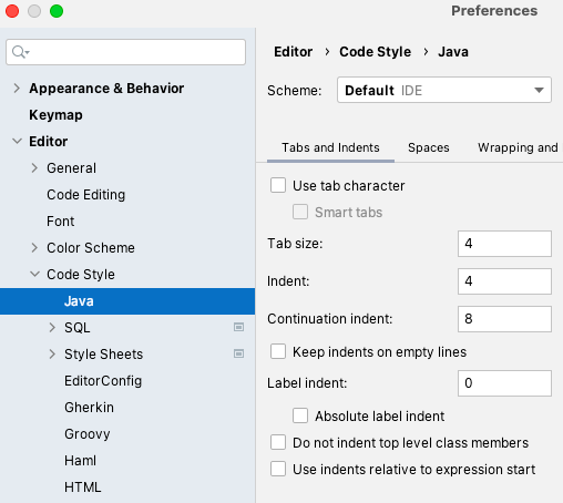 IntelliJ preferences with tab character setting unselected.