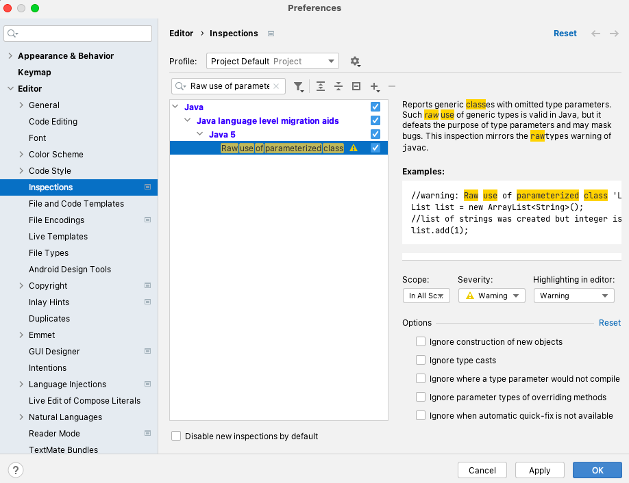 IntelliJ preferences with correct generics settings selected.