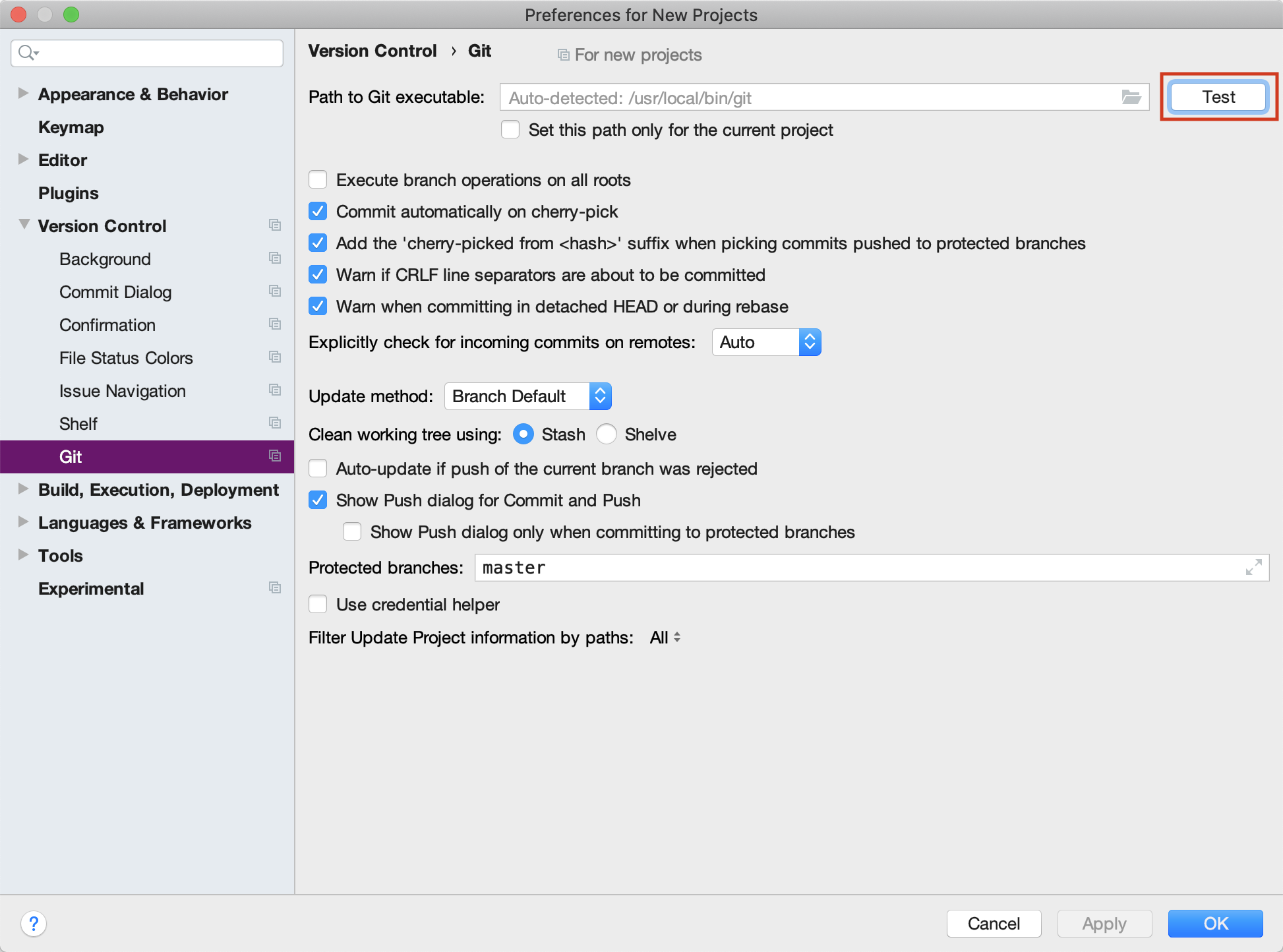 The IntelliJ git preferences screen.