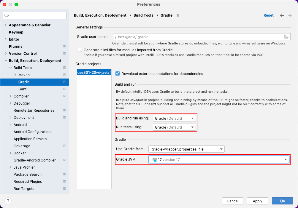 The IntelliJ gradle config window.