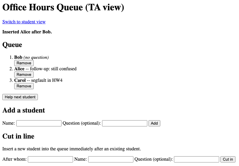 There is a message that says "Inserted Alice after Bob" at the top and the queue is updated to have Bob, then Alice, then Carol. The usual sections/links/buttons are there (adding a student, cutting in line, switching to student view, etc.).