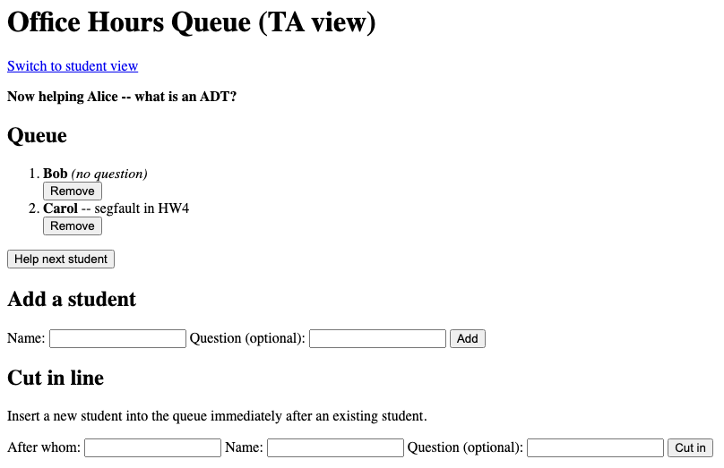 The queue updates to show Bob (no question) and Carol -- segfault in HW4. Above it says "Now Helping Alice -- what is an ADT?" The usual sections (adding a student and cutting in line) are below.