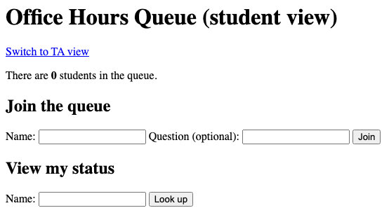 A header at the top saying "Office Hours Queue." There is a hyperlink to switch to TA view and it says below there are 0 students in the queue. There is a section to join the queue, which consists of input boxes taking in a name and an optional question and a button to submit. Below, there is a section to view one's status in the queue by searching with their name.