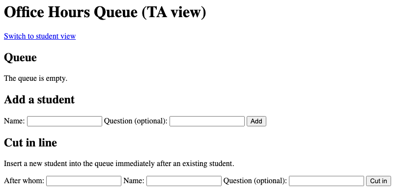 A header at the top saying "Office Hours Queue -- TA View." There is a hyperlink to return to student view. Below it is a description of the queue (which is currently empty). There is a section to add a student by submitting a name and optionally a question. There is also a section to add a student by cutting in line by selecting after whom they should be placed, their name, and optionally their question.