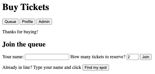 Back on the join view, nav-who is empty. A banner above the heading reads "Thanks for buying!". The join form is empty again.