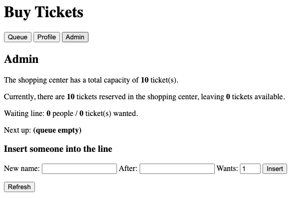 Admin view after cascade. "Tickets reserved in shopping: 10 (free: 0)." "Waiting line: 0 people / 0 ticket(s) wanted." "Next up: (queue empty)".