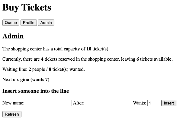 Admin view after insert. 4 tickets in shopping, 6 free. 2 waiters / 8 tickets wanted. Next up: gina (wants 7). Insert form cleared.