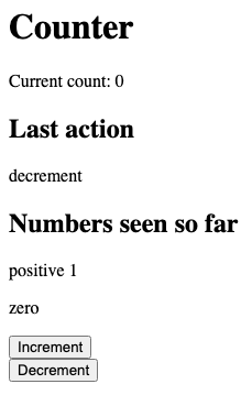 The page now shows "Current count: 0", "Last action: decrement", and the seen-numbers list contains "positive 1" and "zero".