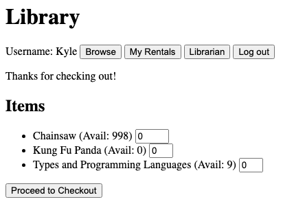 The Items view after checking out, showing the message “Thanks for checking out!” and updated availability: Chainsaw 998, Kung Fu Panda 0, and Types and Programming Languages 9, with every quantity field back at 0.