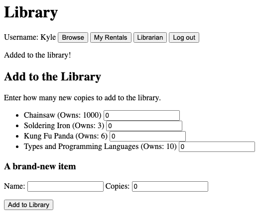 The Librarian view after adding, showing the message “Added to the library!”. Kung Fu Panda now reads Owns: 6, and a new entry Soldering Iron (Owns: 3) has appeared in the list.