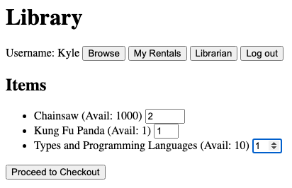 The same Items view with quantities typed in: Chainsaw 2, Kung Fu Panda 1, and Types and Programming Languages 1.