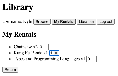 The My Rentals view with Kung Fu Panda’s quantity field set to 1, while Chainsaw and Types and Programming Languages remain at 0.