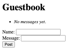 The vanilla-JS guestbook on first load: the JavaScript has run and shown a bulleted 'No messages yet' line.
