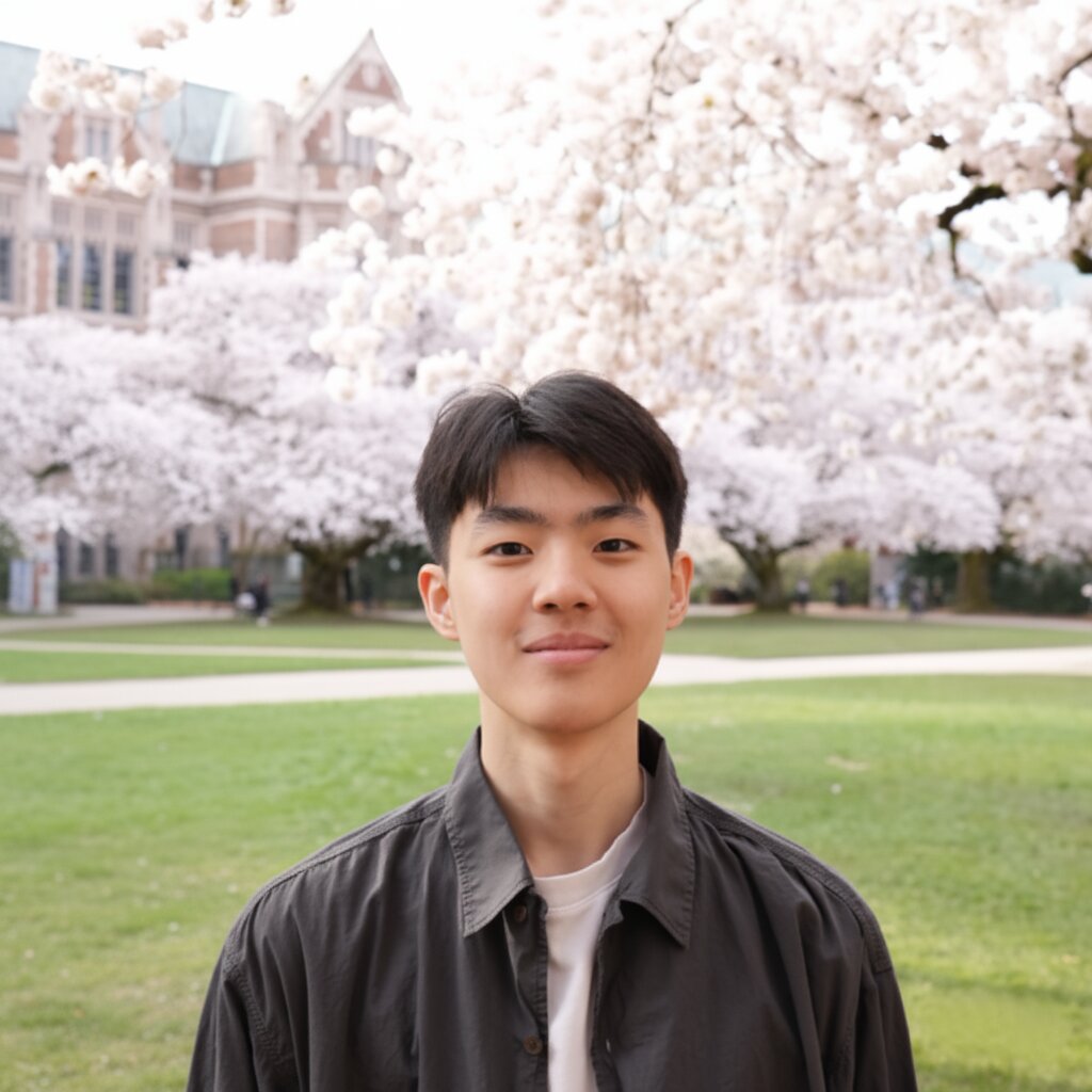 A picture of Jonathan in front of cherry blossoms, looking straight ahead wearing a dark grey open collar shirt with a white undershirt