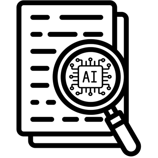 The icon for the Allen School ‘AI as a Reference Tool’ policy. The letters AI in the center of a microchip-like image on a page that is being viewed by a magnifying glass.